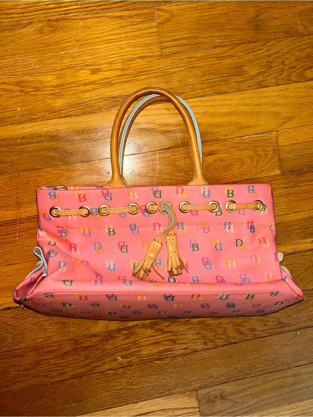 Dooney & Bourke Pink Multicolor Logo Tote with Tan Handles